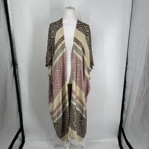 Free People Floor Length Duster Kimono Ruana Wrap Geometric Fringe Boho Size OS